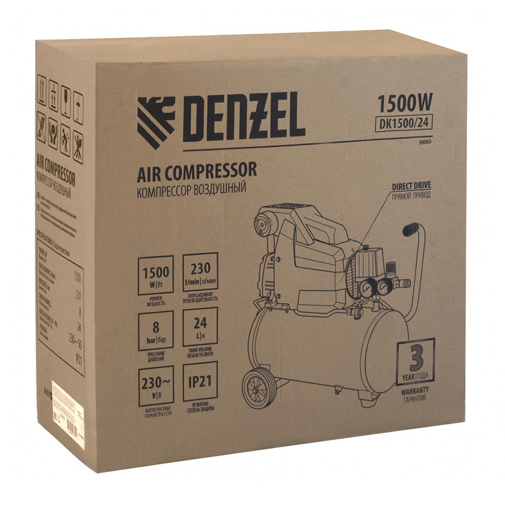 картинка - Компрессор поршневой DK1500/24 Х-PRO, масл. (220 В, 24 л), DENZEL